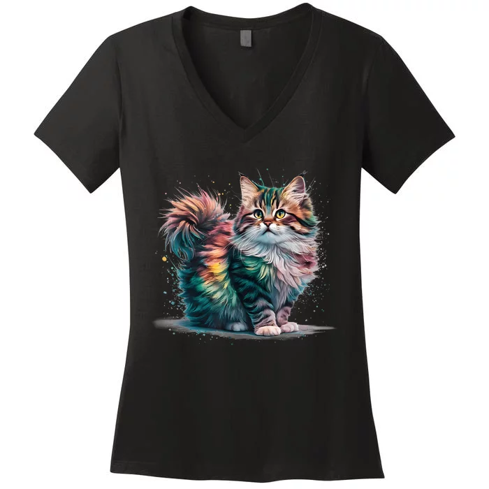 Cat Colorful Watercolor Cat Women's V-Neck T-Shirt