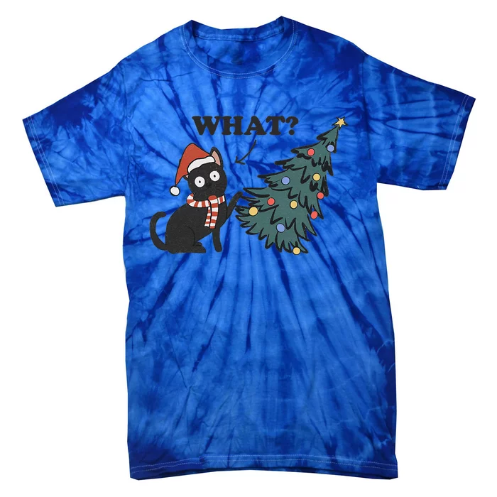 Christmas Cat What Black Cat Knocking Christmas Tree Over Tie-Dye T-Shirt