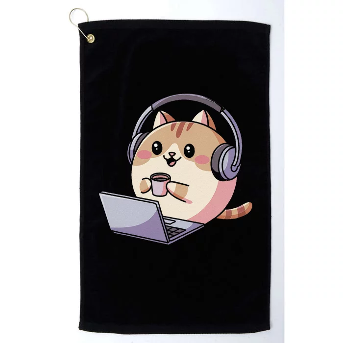 Cute Cat With Headphones Working On Laptop Funny Humor Platinum Collection Golf Towel