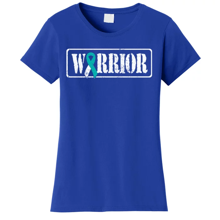 Cervical Cancer Warrior Teal White Military Style Ribbon Women's T-Shirt