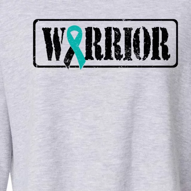 Cervical Cancer Warrior Teal White Military Style Ribbon Cropped Pullover Crew