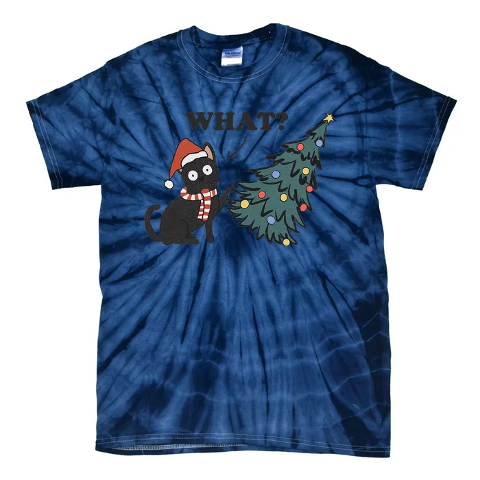 Christmas Cat What Black Cat Knocking Christmas Tree Over Tie-Dye T-Shirt