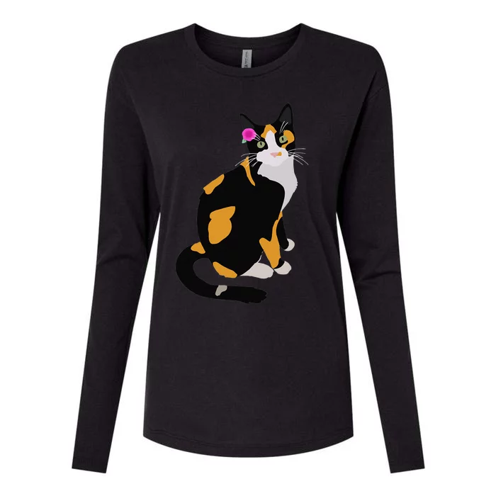 Calico Cat With Pink Flower, Calico Mom, Cat Lover Womens Cotton Relaxed Long Sleeve T-Shirt