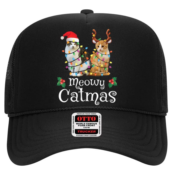 Christmas Cat Xmas Tree Cat Lover Funny Meowy Catmas High Crown Mesh Trucker Hat