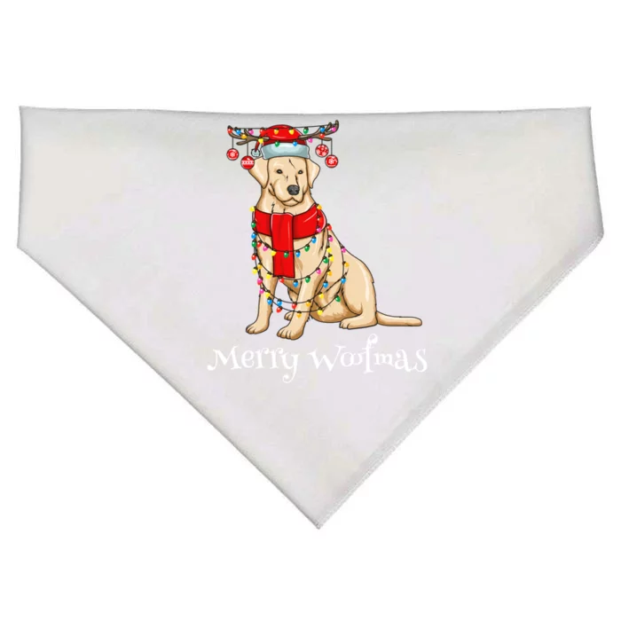 Christmas Cute Yellow Lab Dog Holiday Lights Merry Woofmas Gift USA-Made Doggie Bandana