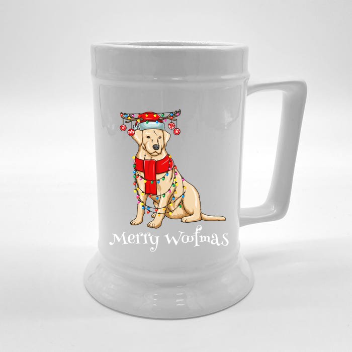 Christmas Cute Yellow Lab Dog Holiday Lights Merry Woofmas Gift Front & Back Beer Stein