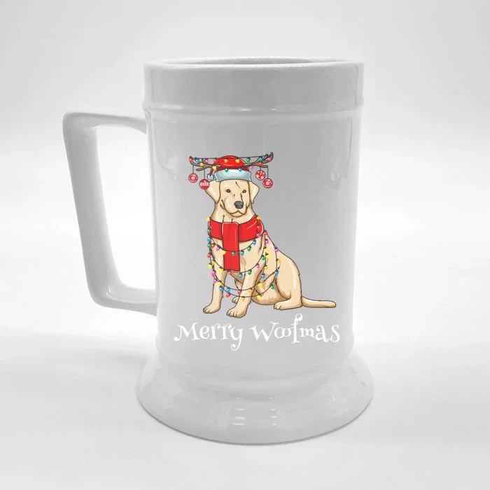 Christmas Cute Yellow Lab Dog Holiday Lights Merry Woofmas Gift Front & Back Beer Stein