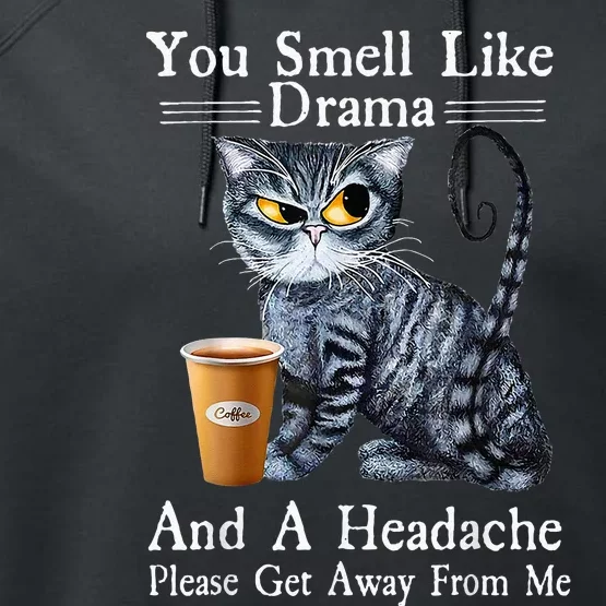 Coffee Cat You Smell Like Drama And A Headache Funny Performance Fleece Hoodie