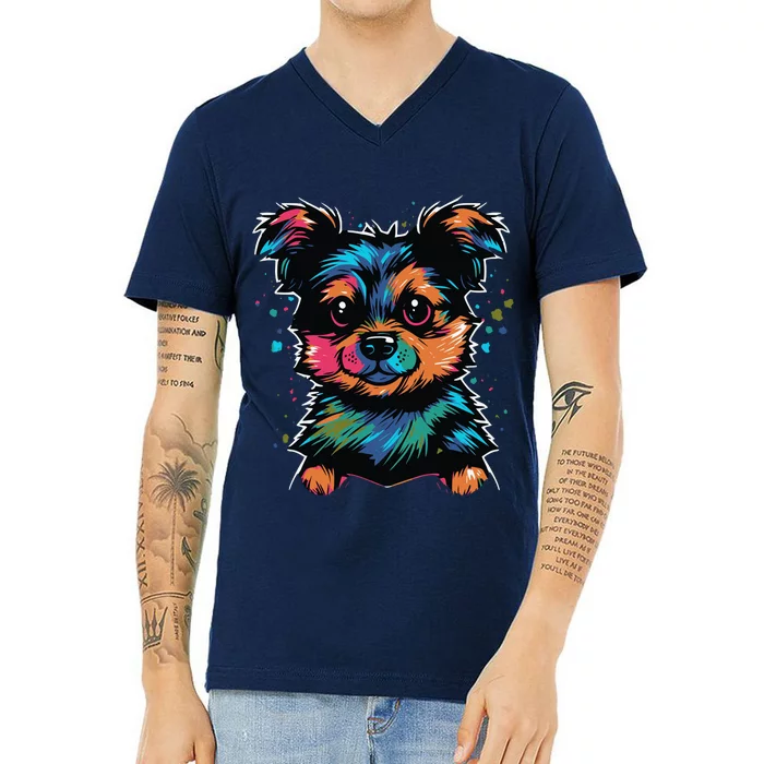 Cute Colorful Yorkshire Terrier Puppy V-Neck T-Shirt