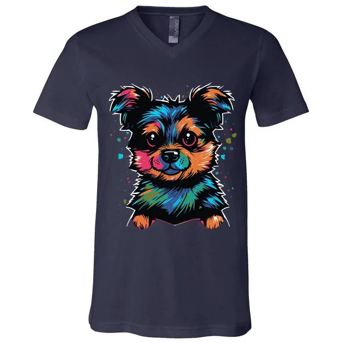 Cute Colorful Yorkshire Terrier Puppy V-Neck T-Shirt