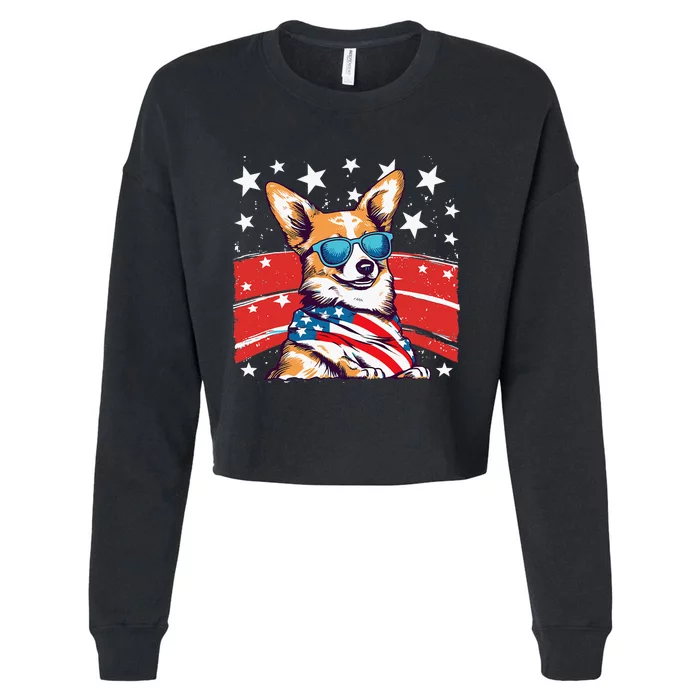 Corgi Dog 4th Of July Anime Stars Flag Sunglasses Cute Cropped Pullover Crew