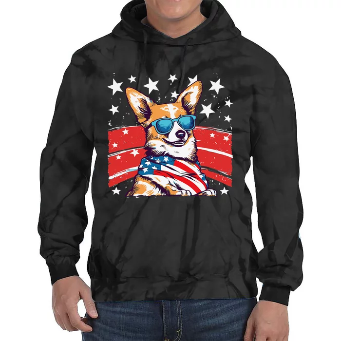 Corgi Dog 4th of July Anime Stars Flag Sunglasses Cute Tie Dye Hoodie