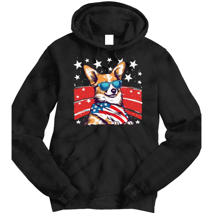 Corgi Dog 4th of July Anime Stars Flag Sunglasses Cute Tie Dye Hoodie