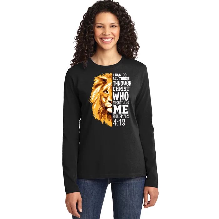 Can Do All Things Through Christ Bible Quote Lion Ladies Long Sleeve Shirt