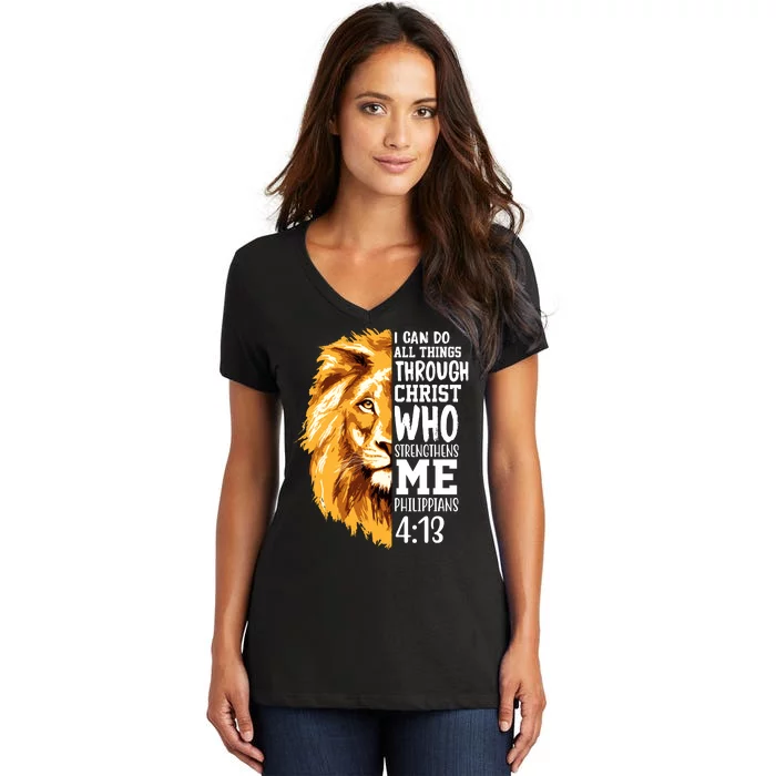 Can Do All Things Through Christ Bible Quote Lion Women's V-Neck T-Shirt