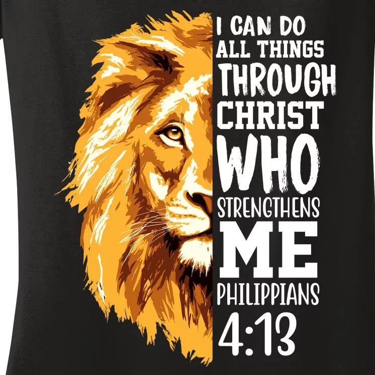 Can Do All Things Through Christ Bible Quote Lion Women's V-Neck T-Shirt