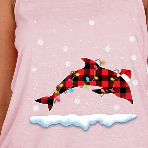 Christmas Dolphin Animals Lover Santa Hat Xmas Lights Cute Gift Women's Knotted Racerback Tank