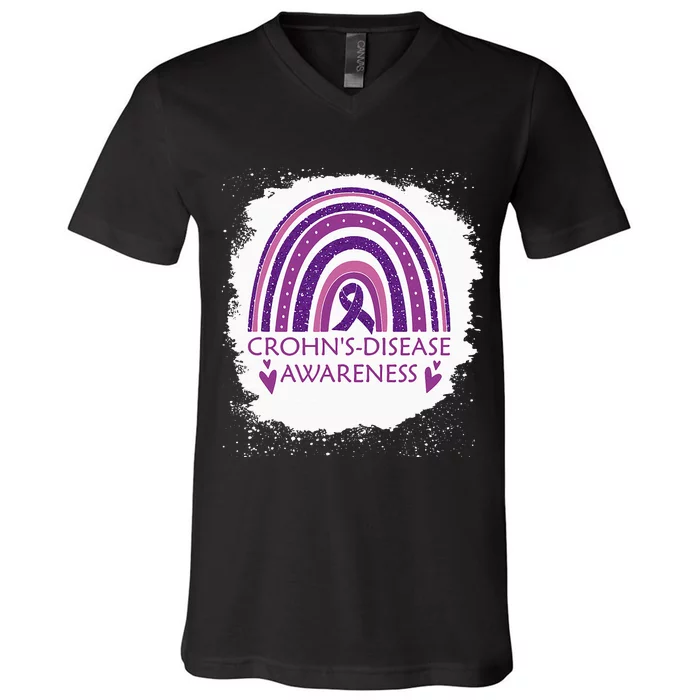 Crohn's Disease Awareness Bleached Rainbow Purple Ribbon V-Neck T-Shirt