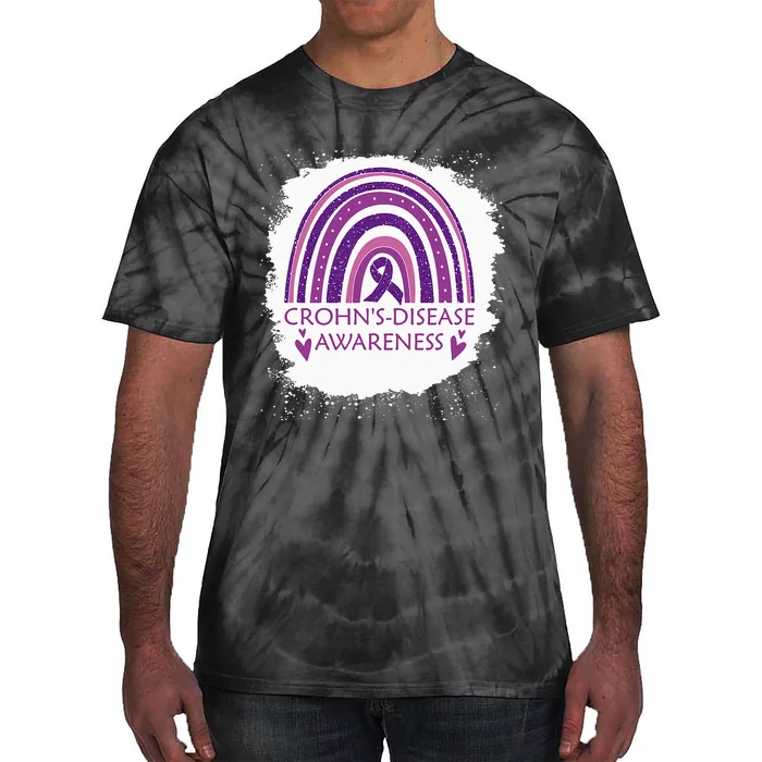 Crohn's Disease Awareness Bleached Rainbow Purple Ribbon Tie-Dye T-Shirt