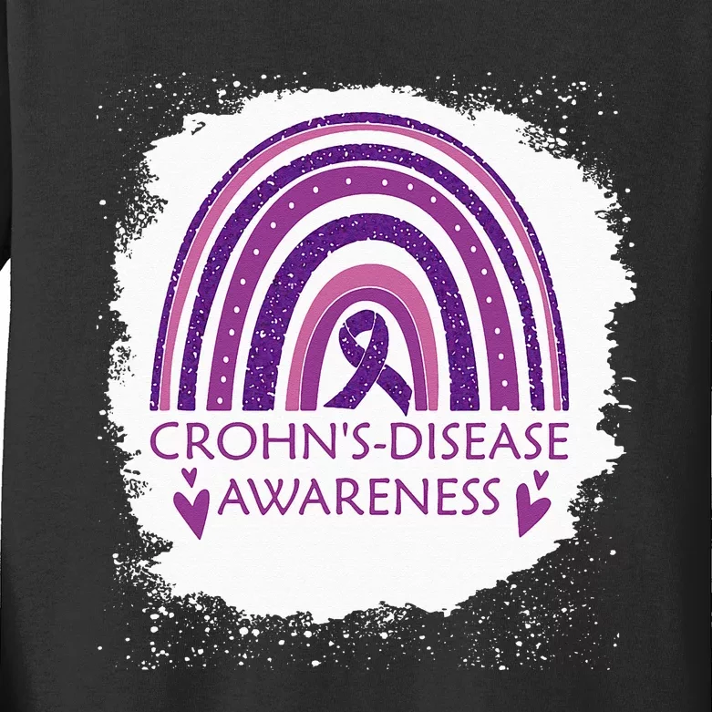 Crohn's Disease Awareness Bleached Rainbow Purple Ribbon Kids Long Sleeve Shirt