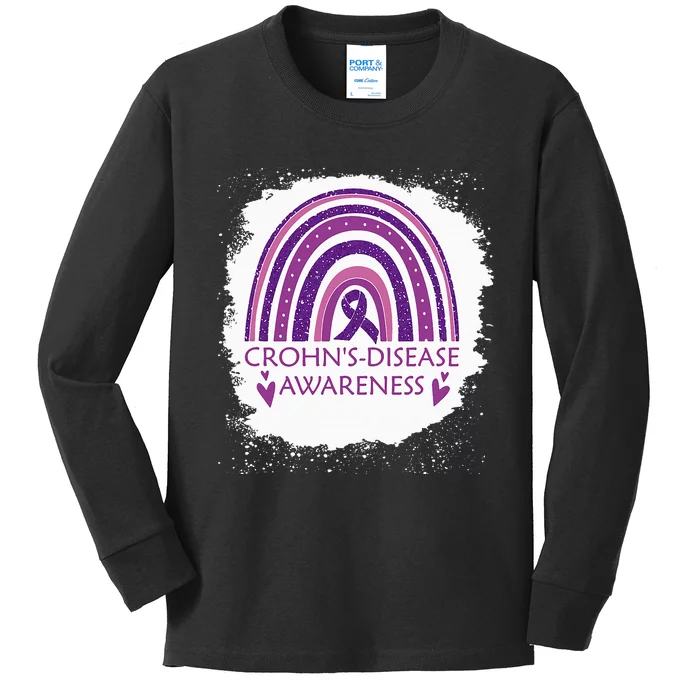 Crohn's Disease Awareness Bleached Rainbow Purple Ribbon Kids Long Sleeve Shirt