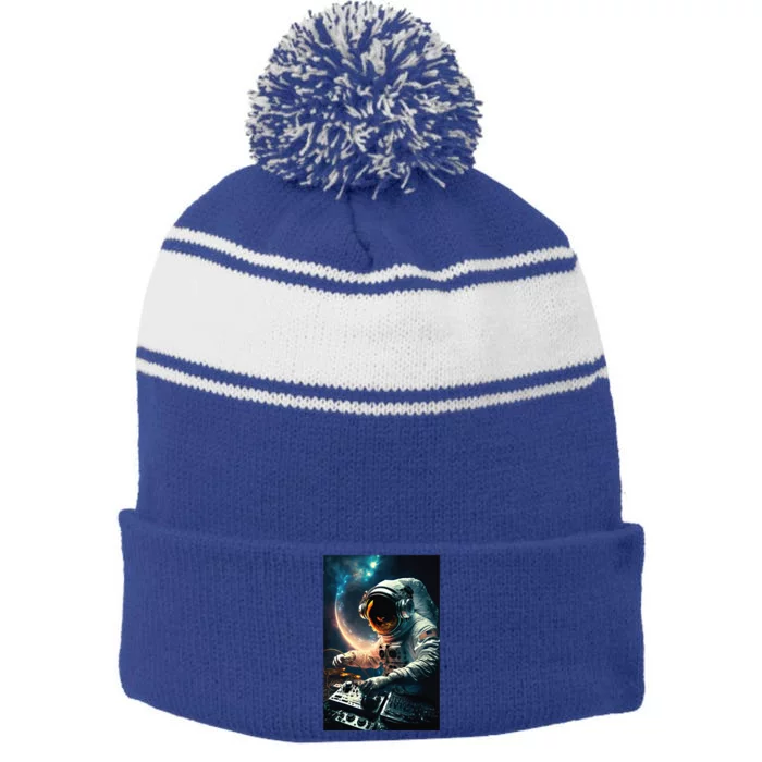 Cosmic Dj Astronaut Djing In Space And Graphic Gift Stripe Pom Pom Beanie