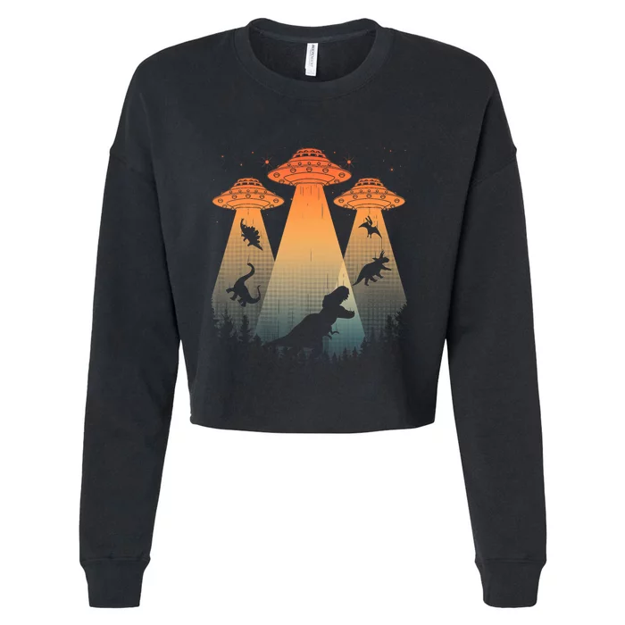 Cool Dinosaur Art Ufo Alien Abduction Dinosaur Cropped Pullover Crew