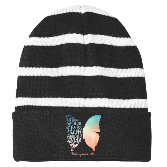 Can Do All Things Through Christ Who Strengthens Me Saying Striped Beanie with Solid Band