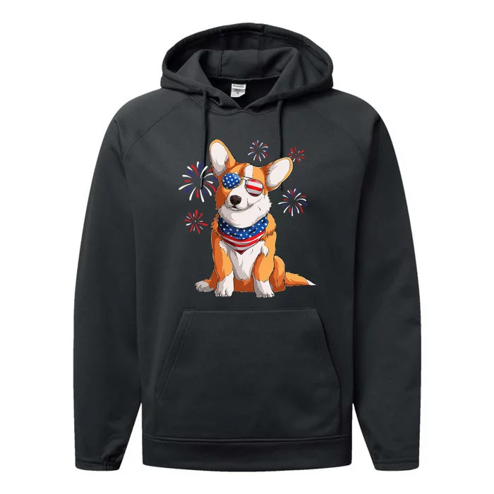 Corgi Dog American USA Flag 4th of July Corgi Lover Performance Fleece Hoodie