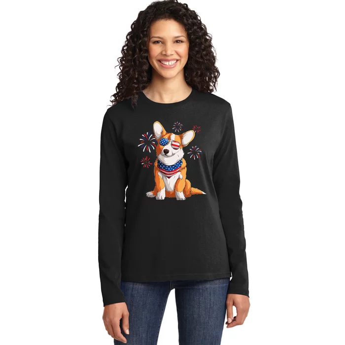 Corgi Dog American USA Flag 4th of July Corgi Lover Ladies Long Sleeve Shirt