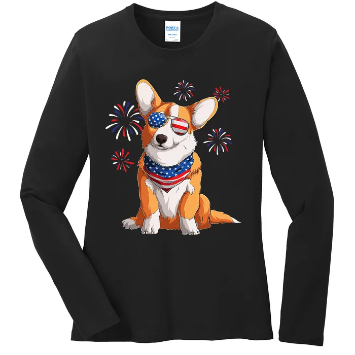 Corgi Dog American USA Flag 4th of July Corgi Lover Ladies Long Sleeve Shirt