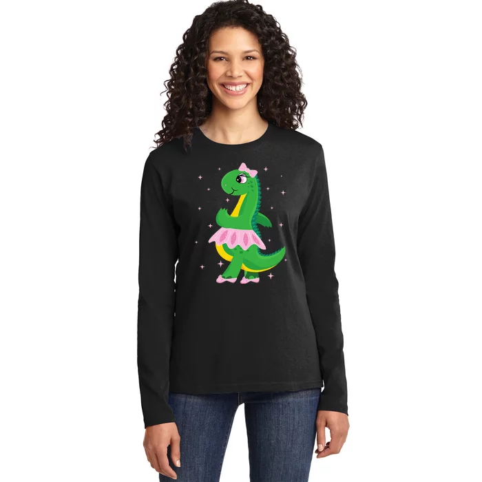 Cute Dinosaur Ballerina in Tutu Ladies Long Sleeve Shirt