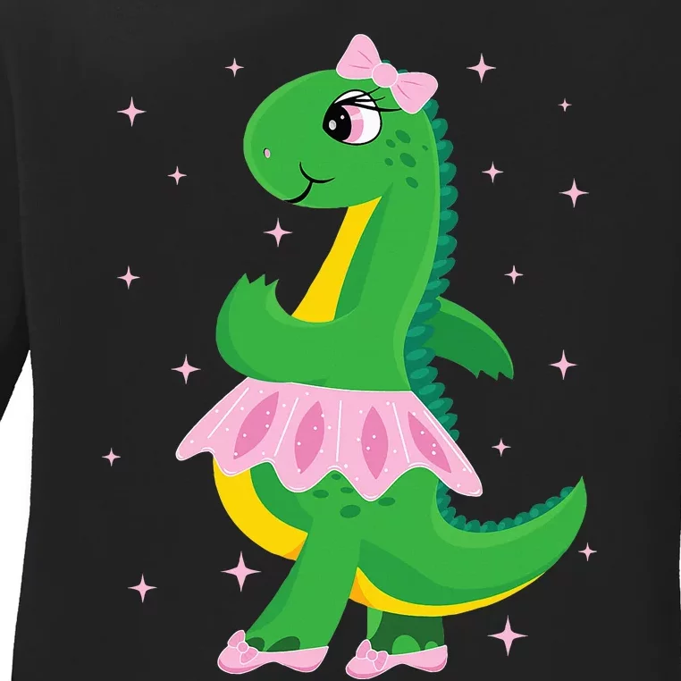 Cute Dinosaur Ballerina in Tutu Ladies Long Sleeve Shirt