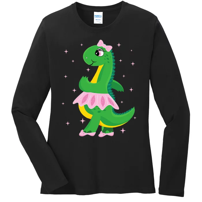 Cute Dinosaur Ballerina in Tutu Ladies Long Sleeve Shirt