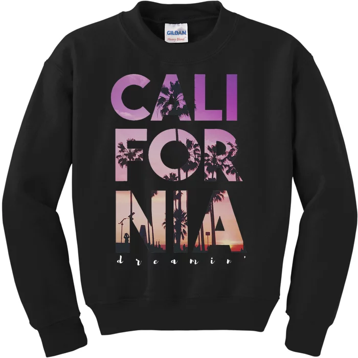 California Dreaming Beach Palm Tree Summer Vacation Surfing Kids Sweatshirt