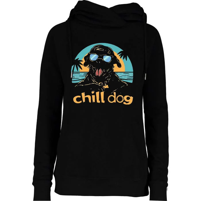 Chill Dog Beach Retro Tropical Summer Surfing Womens Funnel Neck Pullover Hood