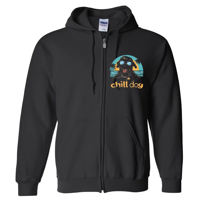 Chill Dog Beach Retro Tropical Summer Surfing Full Zip Hoodie