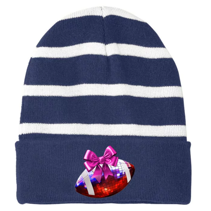 Cute Disco Ball Football Coquette Ribbon Style Striped Beanie with Solid Band