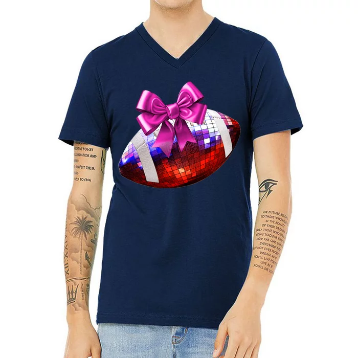 Cute Disco Ball Football Coquette Ribbon Style V-Neck T-Shirt