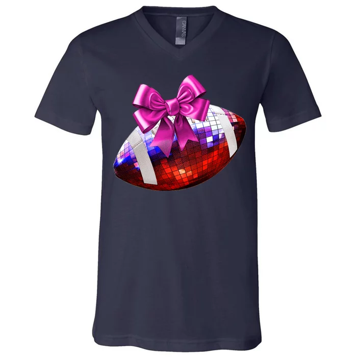 Cute Disco Ball Football Coquette Ribbon Style V-Neck T-Shirt