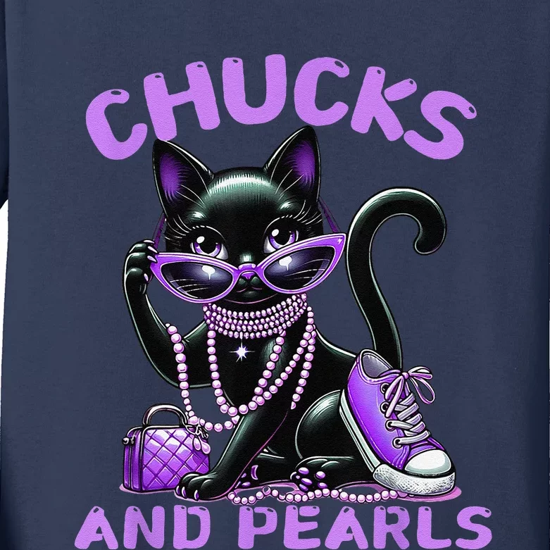 Cute Design Beautiful Black Cat Chucks And Pearls Fashion Kids Long Sleeve Shirt