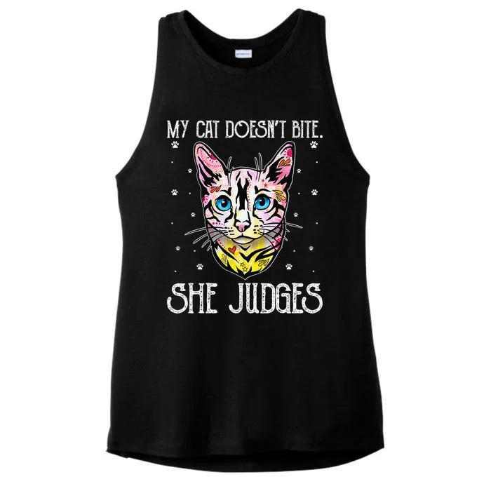 Cat Doesn't Bite She Judges Cat Mom Sarcastic Cat Dad Ladies Tri-Blend Wicking Tank