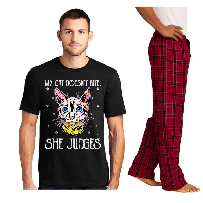 Cat Doesn't Bite She Judges Cat Mom Sarcastic Cat Dad Pajama Set