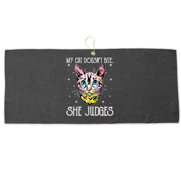 Cat Doesn't Bite She Judges Cat Mom Sarcastic Cat Dad Large Microfiber Waffle Golf Towel