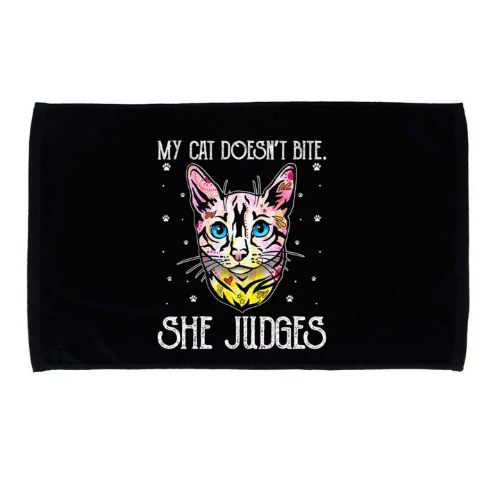 Cat Doesn't Bite She Judges Cat Mom Sarcastic Cat Dad Microfiber Hand Towel