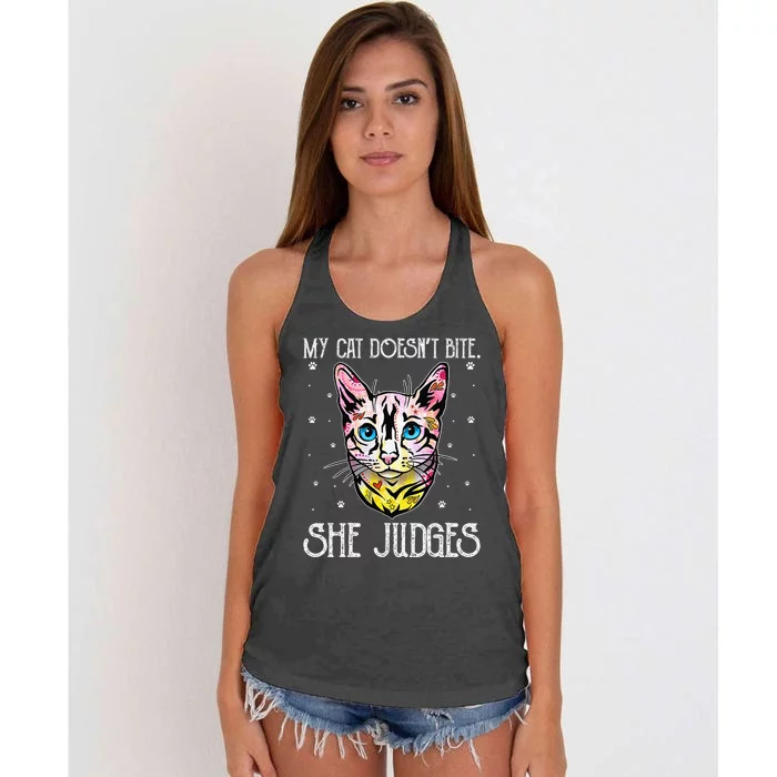 Cat Doesn't Bite She Judges Cat Mom Sarcastic Cat Dad Women's Knotted Racerback Tank