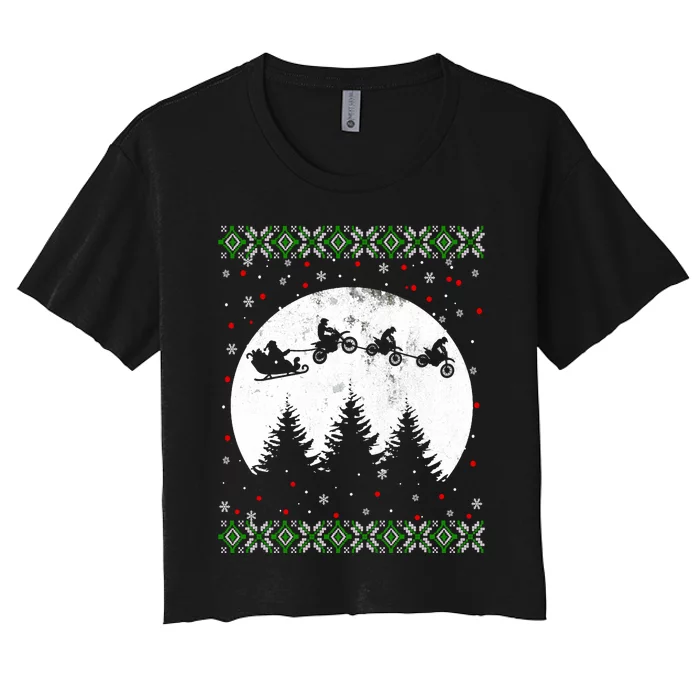 Christmas Dirt Bike Santa Riding Dirt Bike Sleigh Xmas Biker Long Sleeve Women's Crop Top Tee