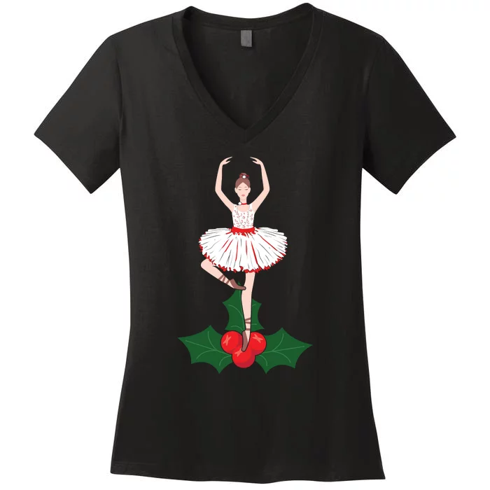 Cute Dance Christmas Ballerina Girls Ballet Dancer Women's V-Neck T-Shirt