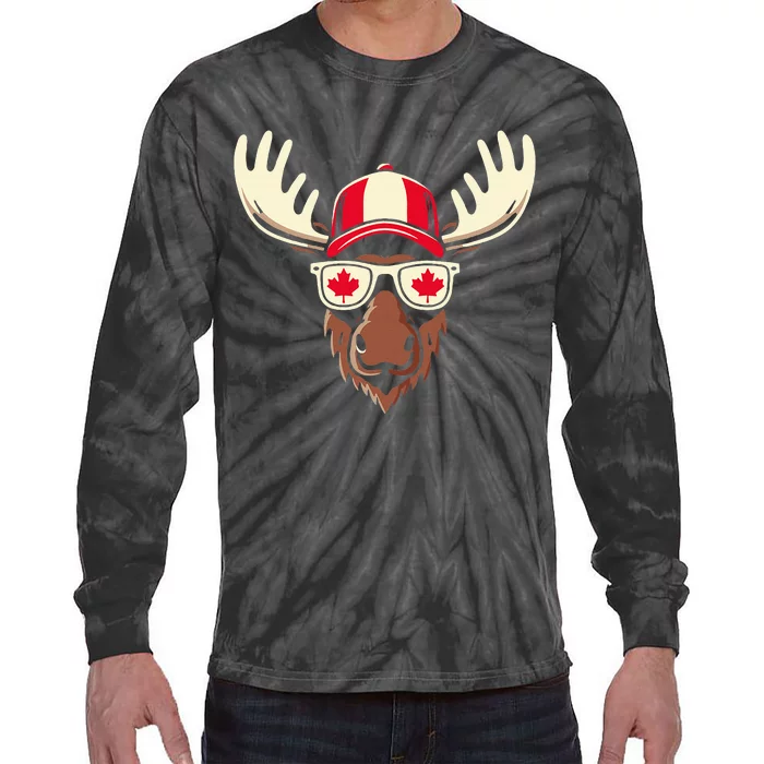 Canada Day Canadian Flag Maple Leaf Moose Sunglasses Tie-Dye Long Sleeve Shirt