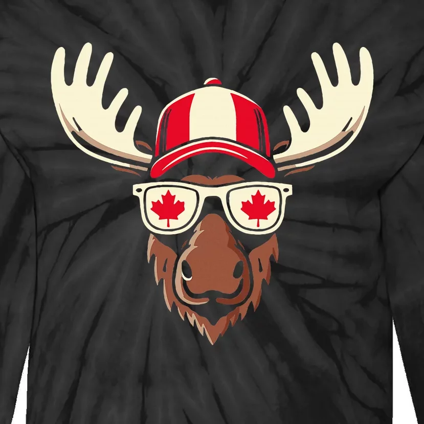 Canada Day Canadian Flag Maple Leaf Moose Sunglasses Tie-Dye Long Sleeve Shirt